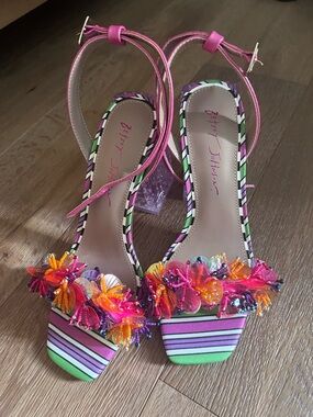 Betsey Johnson Pink Multi-Color Floral-Beaded Strappy Heels